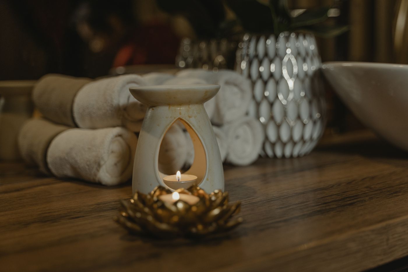 Fresh towels and oils prepared for a massage session